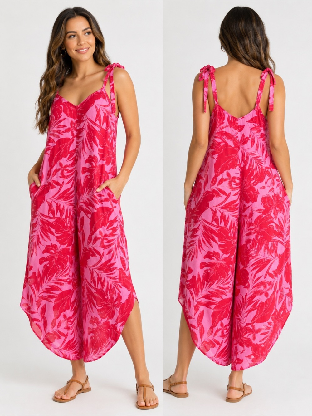 Vince Camuto Pink & Fuchsia Tropical Tie-Shoulder Jumpsuit Size Xs oversized
